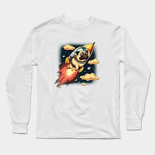 pug flying into space with a rocket Long Sleeve T-Shirt